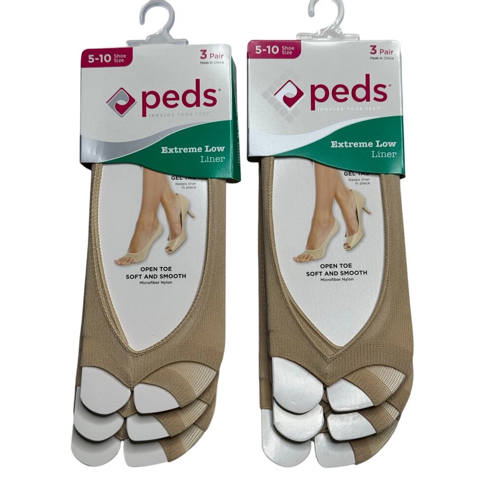 Peds Extreme Low Open Toe Liners, Shoe Size 8-12 Extended, Nude, 3-Pair x2